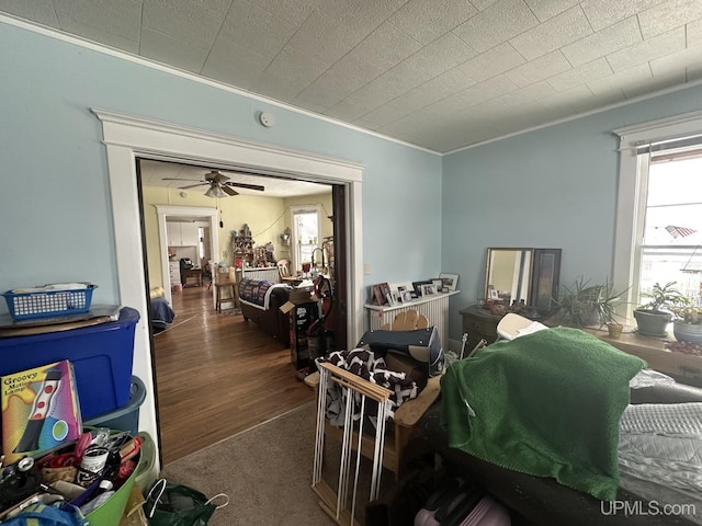 bedroom with dark wood-type flooring and ornamental molding