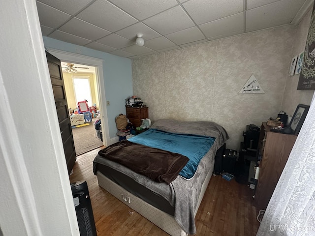 bedroom featuring a paneled ceiling and dark hardwood / wood-style floors