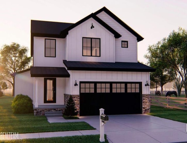 modern farmhouse style home with a garage and a yard