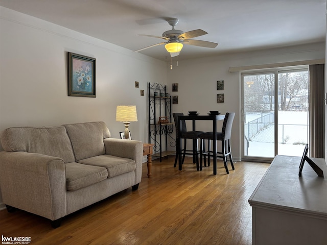 living room featuring hardwood / wood-style floors and ceiling fan