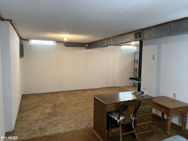 basement featuring a textured ceiling and dark colored carpet