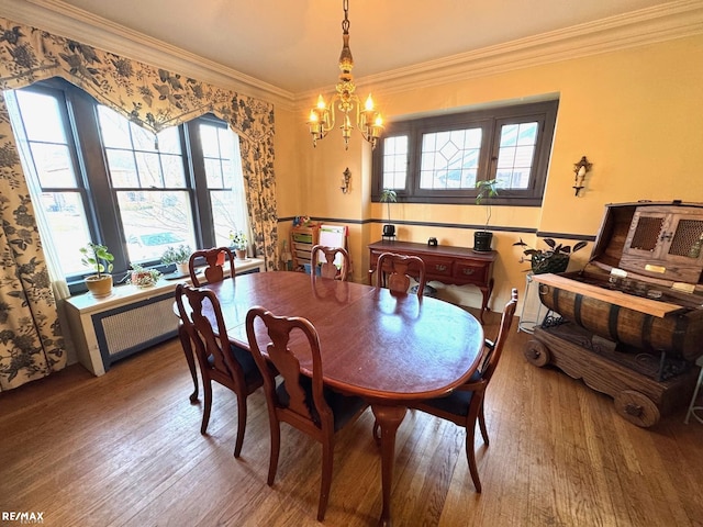 dining space with radiator, an inviting chandelier, hardwood / wood-style flooring, and crown molding