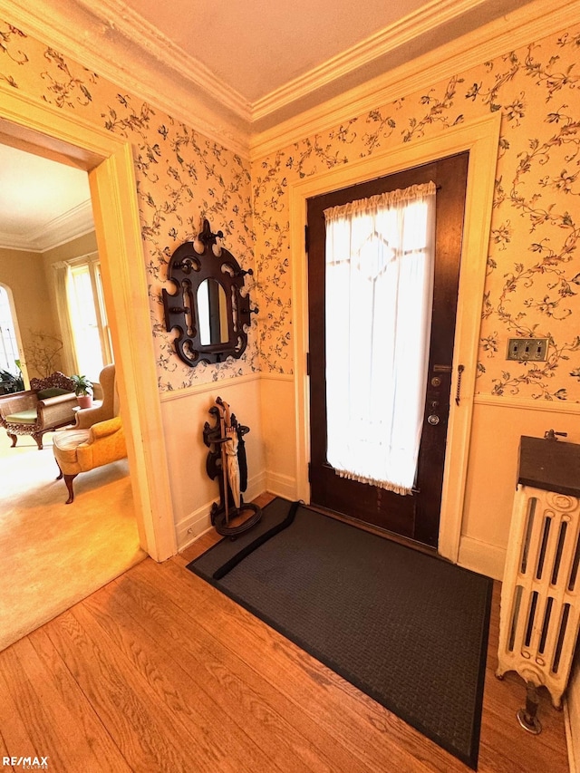 foyer featuring hardwood / wood-style floors and crown molding