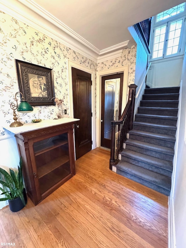 interior space with hardwood / wood-style floors and ornamental molding