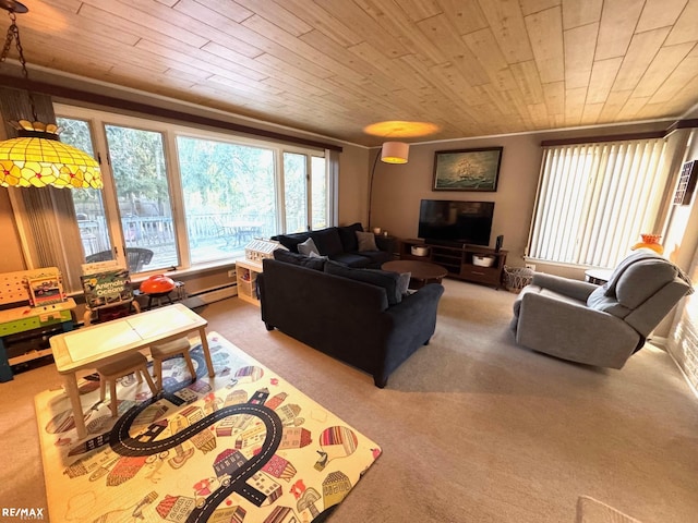 living room with light carpet and wood ceiling