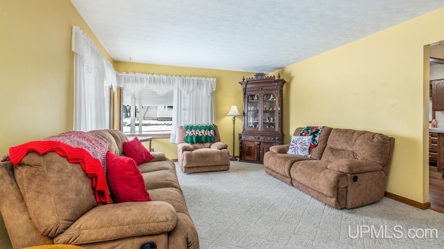 living room featuring a textured ceiling and light colored carpet