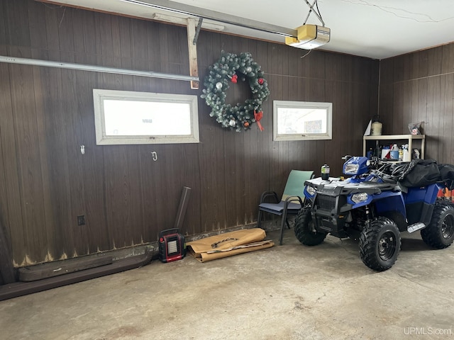 garage with wood walls