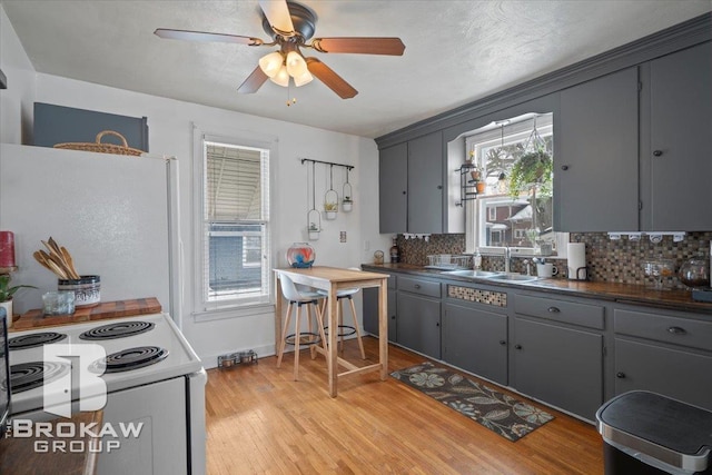 kitchen with white appliances, gray cabinets, light wood-type flooring, ceiling fan, and sink