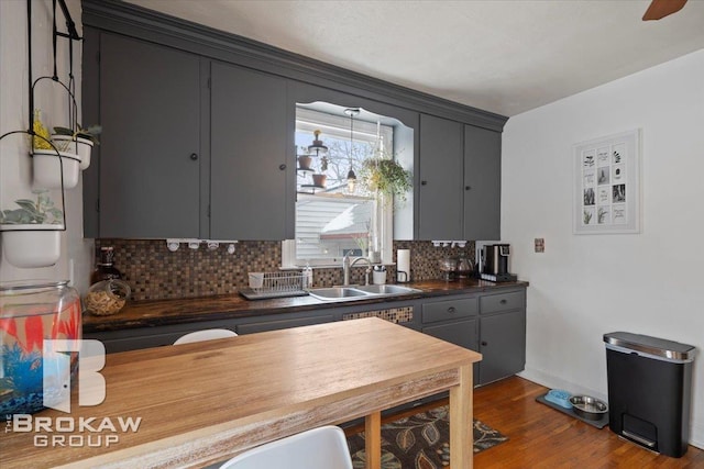 kitchen featuring dark hardwood / wood-style flooring, tasteful backsplash, gray cabinetry, and sink