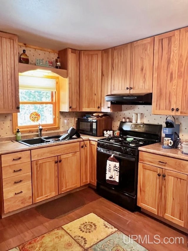 kitchen with dark hardwood / wood-style floors, black appliances, and sink