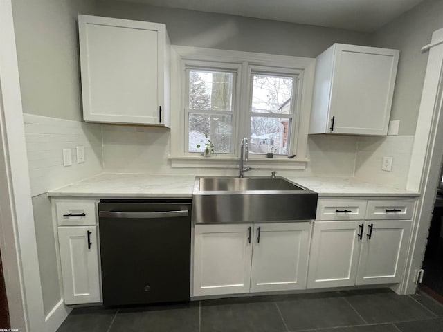 kitchen featuring backsplash, sink, white cabinetry, and black dishwasher