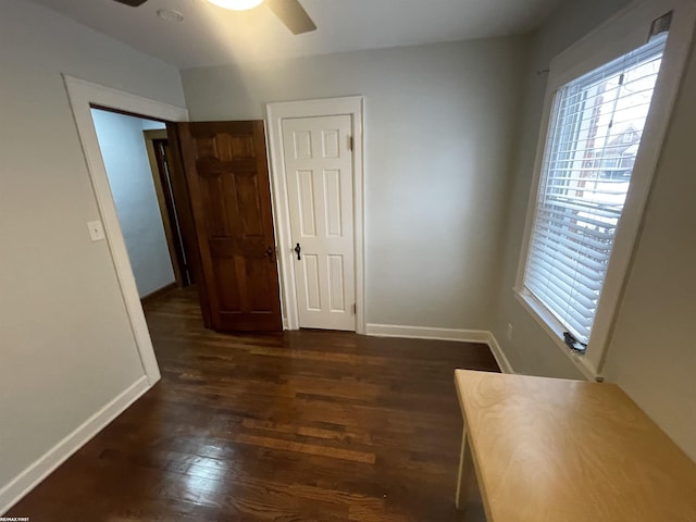 interior space with ceiling fan and dark hardwood / wood-style flooring