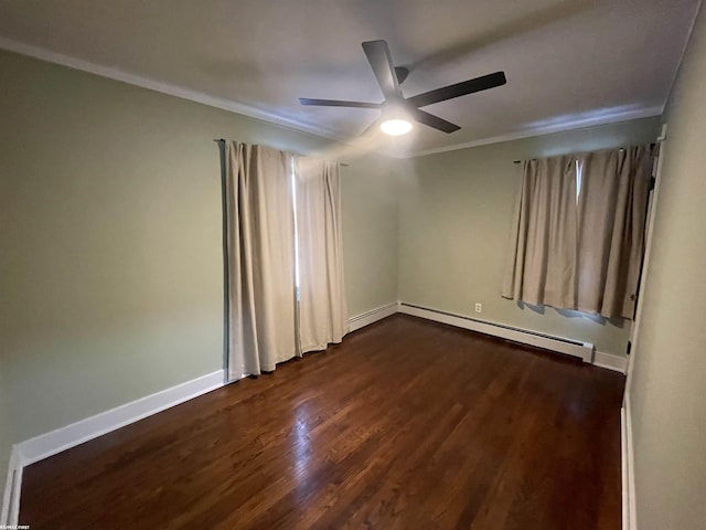 unfurnished room featuring ceiling fan, dark hardwood / wood-style flooring, ornamental molding, and a baseboard radiator