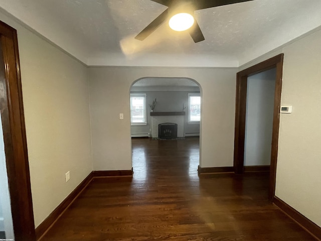 hall featuring a baseboard radiator and dark hardwood / wood-style flooring