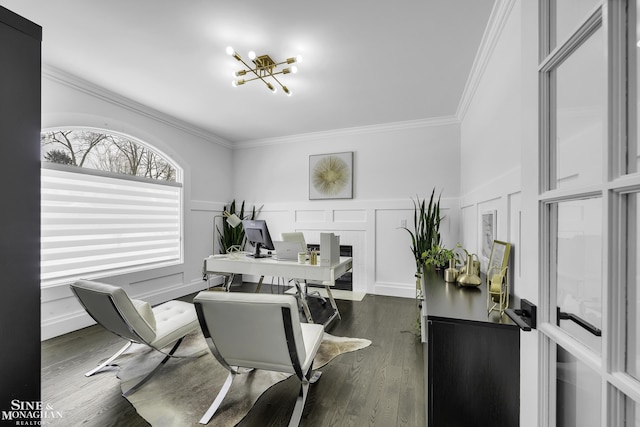 home office with dark wood-type flooring, crown molding, and a chandelier