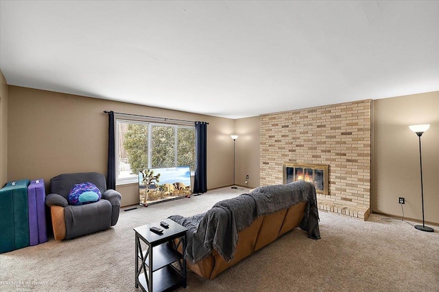 living room with light carpet and a fireplace