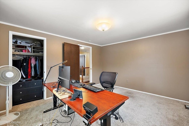 office area featuring light carpet and crown molding