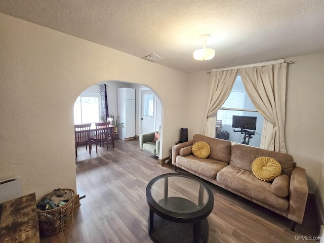 living room featuring wood-type flooring and a textured ceiling