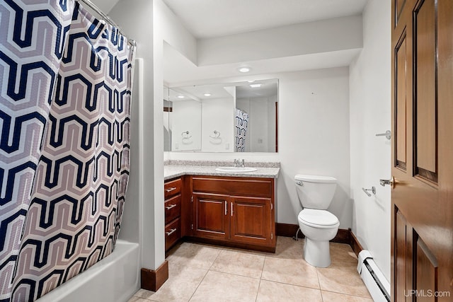 full bathroom with toilet, a baseboard radiator, tile patterned flooring, shower / tub combo, and vanity