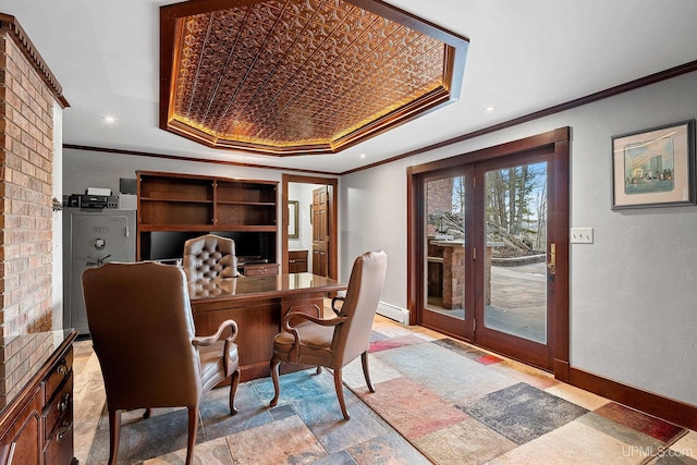 office area featuring baseboard heating, crown molding, and a raised ceiling