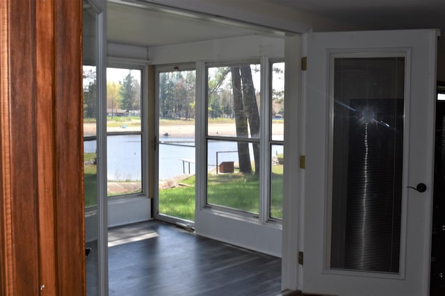 doorway to outside with dark wood-type flooring and plenty of natural light