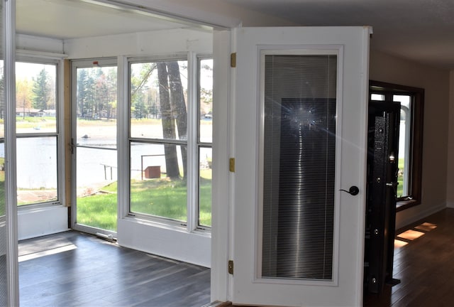 doorway to outside featuring plenty of natural light and dark hardwood / wood-style flooring