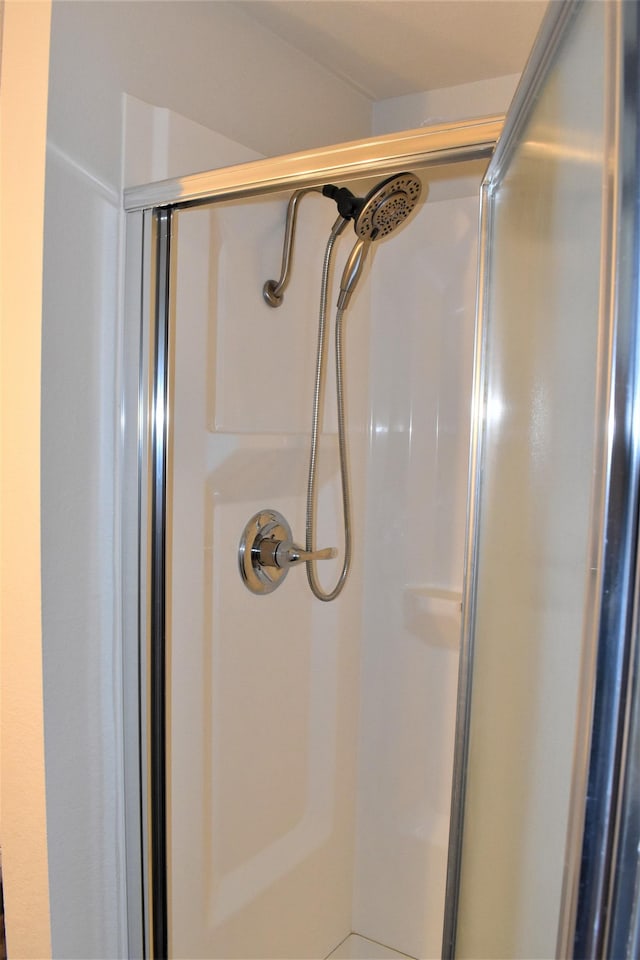 bathroom with a shower with shower door