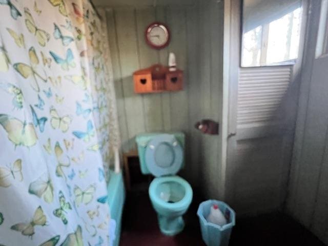 bathroom with toilet and a shower with curtain