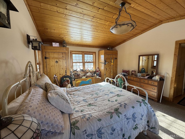 bedroom featuring carpet floors, vaulted ceiling, and wooden ceiling