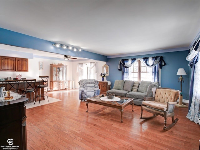 living room featuring ceiling fan, light hardwood / wood-style flooring, and track lighting