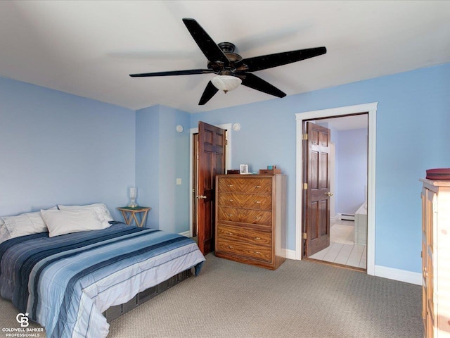 bedroom with connected bathroom, ceiling fan, light colored carpet, and a baseboard radiator