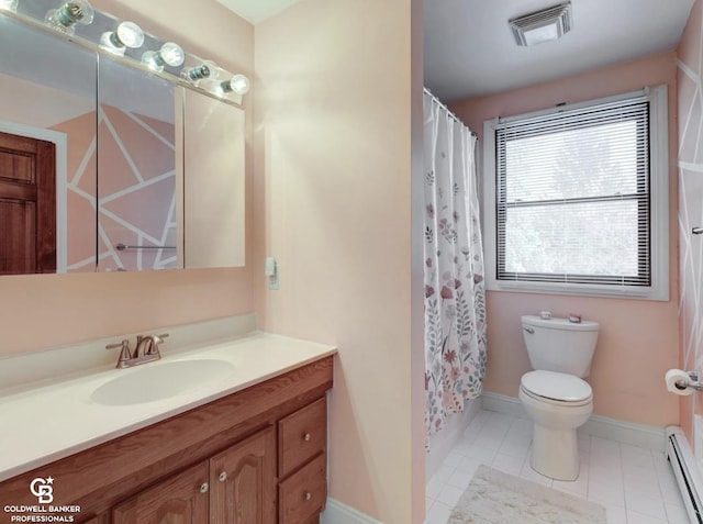 bathroom featuring toilet, vanity, a baseboard heating unit, and curtained shower