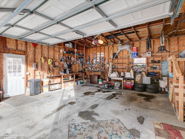 garage with a garage door opener and a workshop area