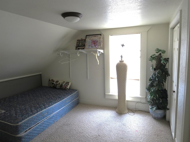 bedroom with carpet and lofted ceiling