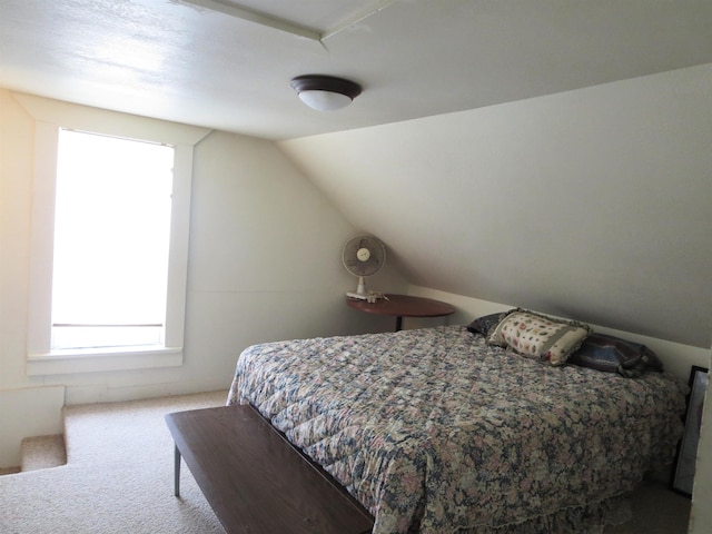 carpeted bedroom with lofted ceiling