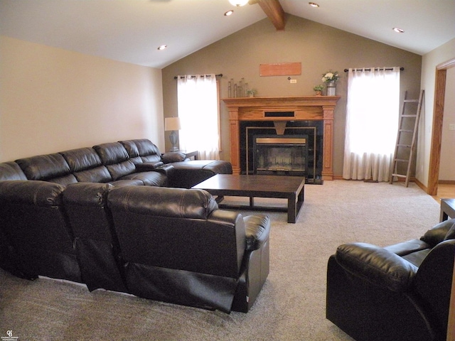 carpeted living room featuring vaulted ceiling with beams