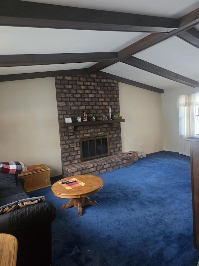 unfurnished living room featuring carpet flooring, a fireplace, and vaulted ceiling with beams