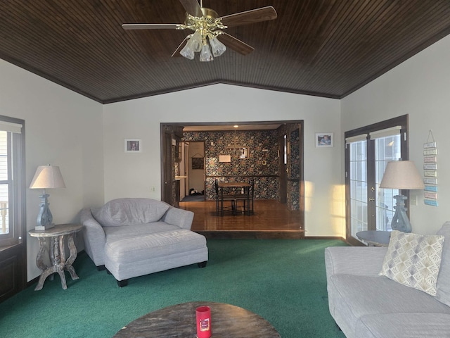 carpeted living room featuring ceiling fan, lofted ceiling, ornamental molding, and wood ceiling