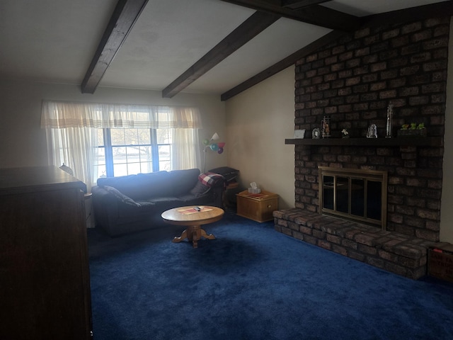 living room with carpet, lofted ceiling with beams, and a brick fireplace