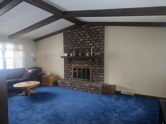 unfurnished living room with a brick fireplace, carpet flooring, and vaulted ceiling with beams