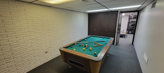 game room with dark carpet, a drop ceiling, and billiards