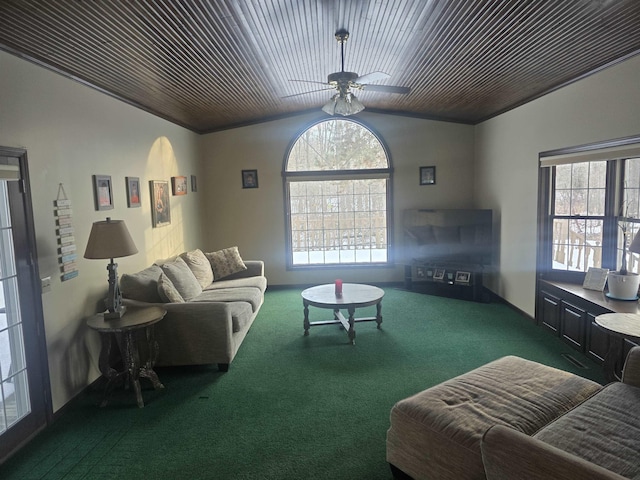 carpeted living room with ceiling fan, wooden ceiling, and ornamental molding