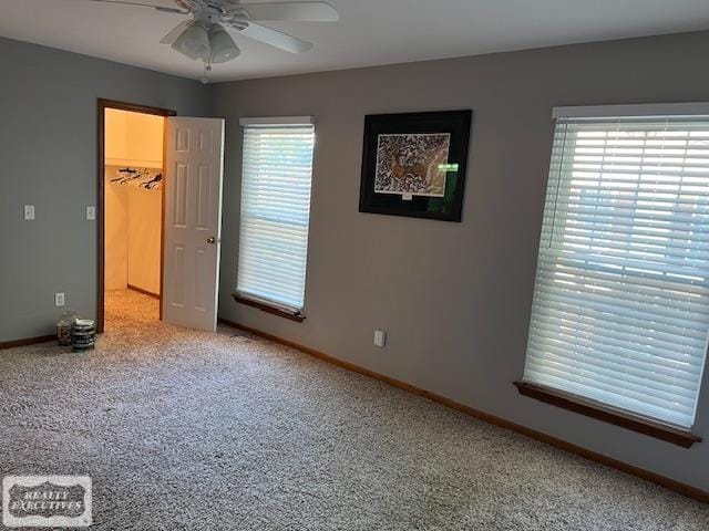 unfurnished bedroom with ceiling fan, carpet floors, a closet, and a spacious closet