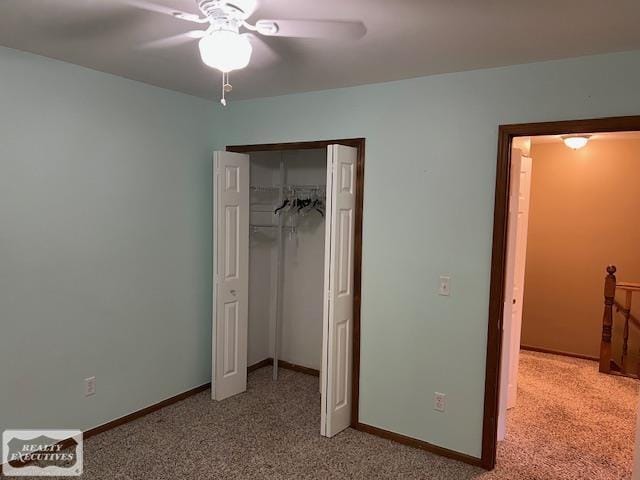 unfurnished bedroom featuring light colored carpet, a closet, and ceiling fan