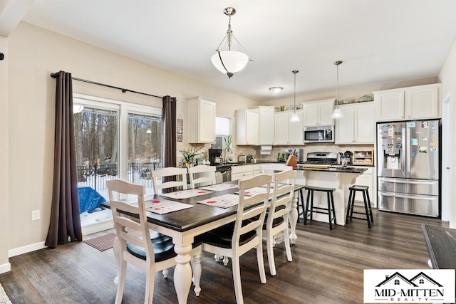 dining space featuring dark wood-type flooring and sink