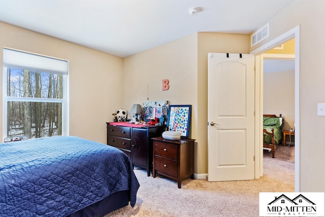 bedroom featuring light carpet