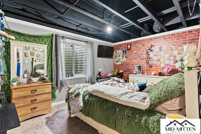 bedroom featuring brick wall and carpet flooring