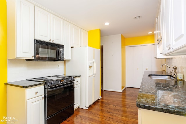 kitchen featuring black appliances, white cabinets, dark wood-type flooring, and sink