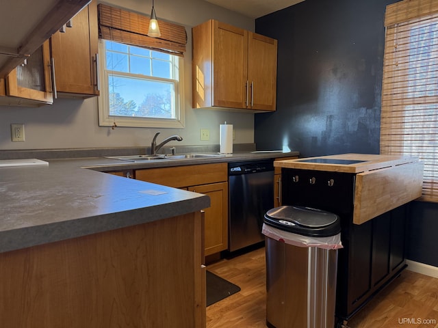 kitchen with black dishwasher, pendant lighting, light hardwood / wood-style floors, and sink