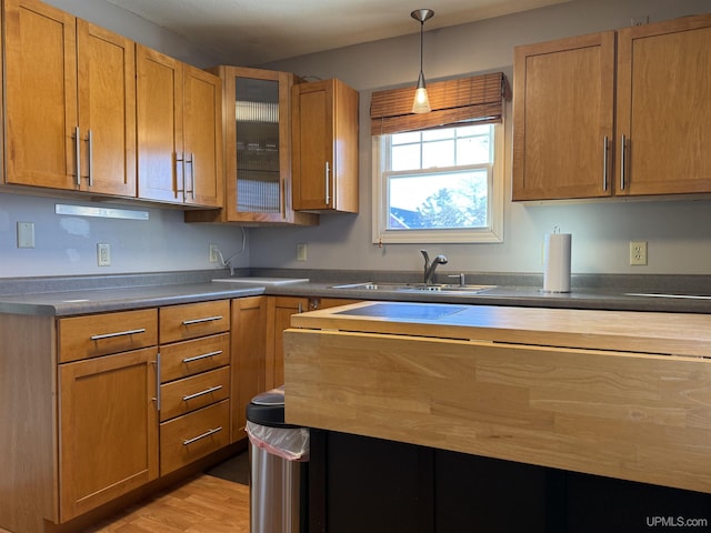 kitchen with light wood-type flooring, sink, and pendant lighting